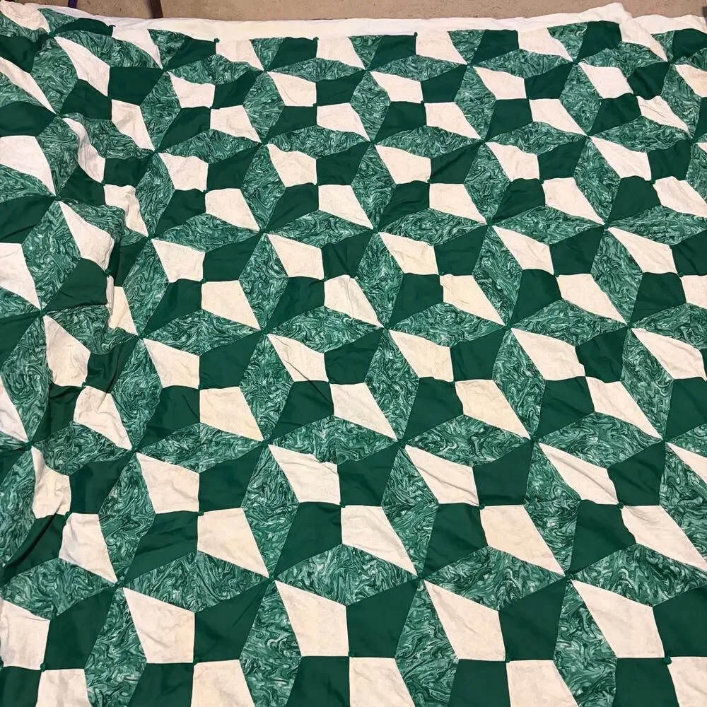 Vintage Handmade Patchwork Quilt Green White Pinwheel Geometric Full Queen 86x97